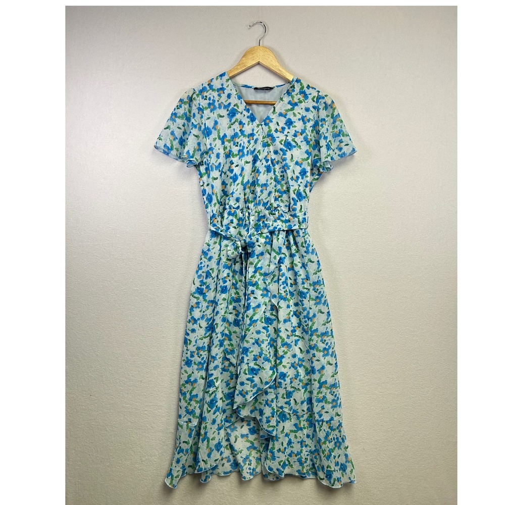 Pretty Garden‎ Floral Print Midi Dress Women Size S Blue White Short Sleeve